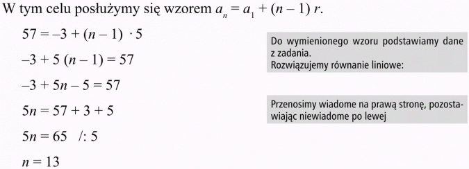 Ciąg arytmetyczny. W tym celu posłużymy się wzorem... Do wymienionego wzoru podstawiamy dane z zadania. Rozwiązujemy równanie liniowe. Przenosimy wiadome na prawą stronę, pozostawiając niewiadome po lewej.