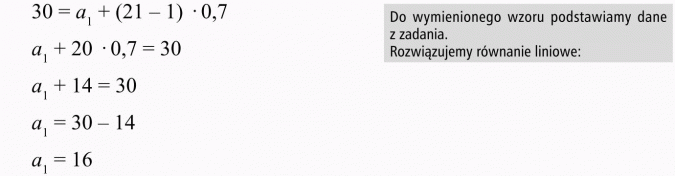 Ciąg arytmetyczny. Do wymienionego wzoru podstawiamy dane z zadania. Rozwiązujemy równanie liniowe.