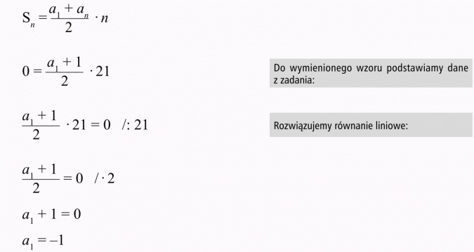Ciąg arytmetyczny. Do wymienionego wzoru podstawiamy dane z zadania. Rozwiązujemy równanie liniowe.