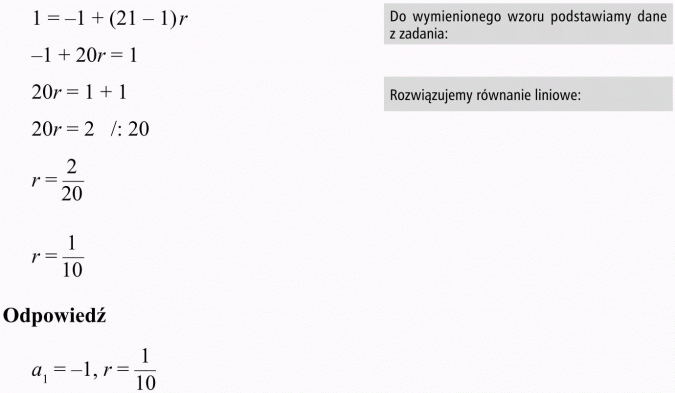 Ciąg arytmetyczny. Do wymienionego wzoru podstawiamy dane z zadania. Rozwiązujemy równanie liniowe.