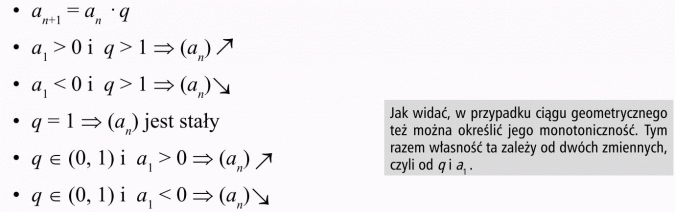 Ciąg geometryczny. Jak widać, w przypadku ciągu geometrycznego też można okreslić jego monotoniczność. Tym razem własność ta zalezy od dwóch zmiennych, czyli od q i a1.