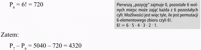 Permutacje. Pierwszą pozycję zajmuje 0, pozostałe 6 wolnych miejsc może zająć każda z 6 pozostałych cyfr. Możliwości jest więc tyle, ile jest permutacji 6-elementowego zbioru, czyli 6!.