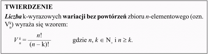 Wariacje bez powtórzeń. Twierdzenie. Liczba k-wyrazowych wariacji bez powtórzeń zbioru n-elementowego (ozn....) wyraża się wzorem...