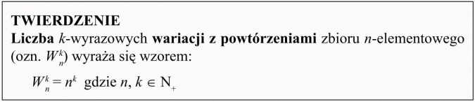 Wariacje z powtórzeniami. Twierdzenie. Liczba k-wyrazowych wariacji z powtórzeniami zbioru n-elementowego wyraża się wzorem...