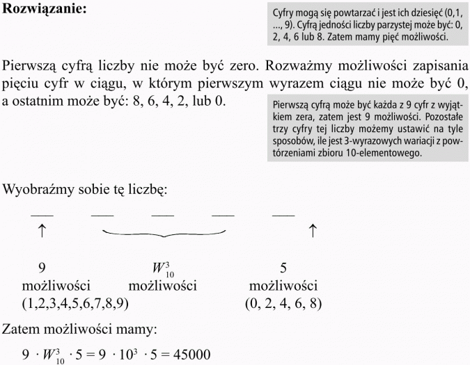 Wariacje z powtórzeniami. Rozwiązanie. Cyfry moga się powtarzać i jest ich dziesięć. Cyfrą jedności liczby parzystej może być... Zatem mamy pięć możliwości. Pierwszą cyfrą liczby nie może być zero. Rozważmy możliwości zapisania pięciu cyfr w ciągu, w którym pierwszym wyrazem ciągu nie może być 0, a ostatnim może być: 8, 6, 4, 2 lub 0. Pierwszą cyfrą moe być każda z 9 cyfr z wyjątkiem zera, zatem jest 9 możliwości. Pozostałe trzy cyfry tej liczby możemy ustawić na tyle sposobów, ile jest 3-wyrazowych wariacji z powtórzeniami zbioru 10-elementowego. Wyobraźmy sobie tę liczbę. Zatem możliwści mamy...