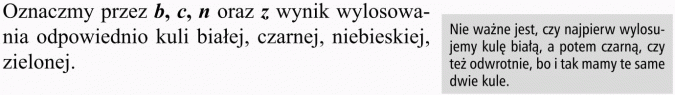 Kombinacje. Oznaczmy przez b, c, n oraz z wynik wylosowania odpowiednio kuli białej, czarnej, niebieskiej, zielonej. Nie ważne jest, czy najpierw wylosujemy kulę białą, a potem czarną, czy też odwrotnie, bo i tak mamy te same dwie kule.