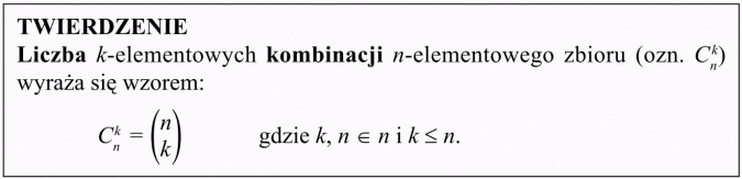 Kombinacje. Twierdzenie. Liczba k-elementowych kombinacji n-elementowgo zbioru wyraża się wzorem...
