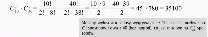 Kombinacje. Musimy wylosować 2 losy wygrywające z 10, co jest możliwe na... sposobów i dwa z 40 (bez nagród), co jest możliwe na... sposobów.