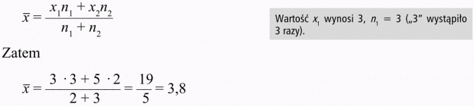 Elementy statystyki. Wartość x1 wynosi 3, n1 = 3 (3 wystąpiło 3 razy).