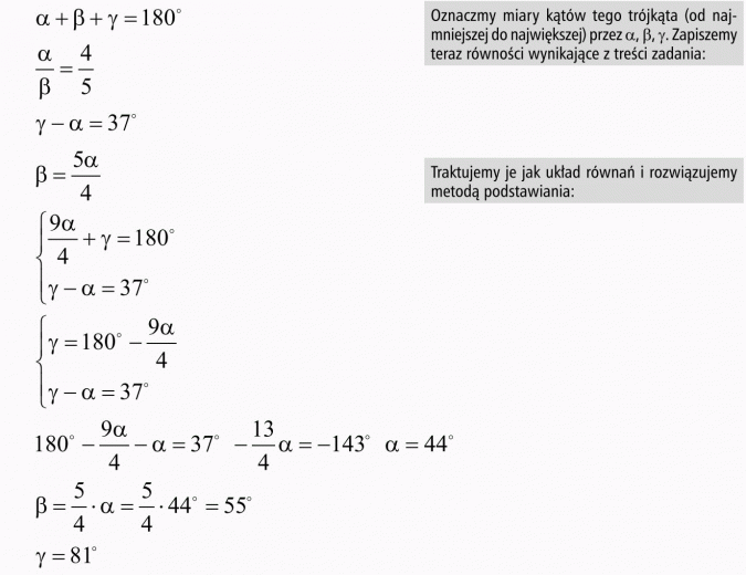 Suma kątów w trójkącie. Oznaczmy miary kątów tego trójkąta (od najmniejszej do największej) przez alfa, beta, gamma. Zapiszemy teraz równości wynikające z treści zadania... Traktujemy je jak układ równań i rozwiązujemy metodą podstawiania.