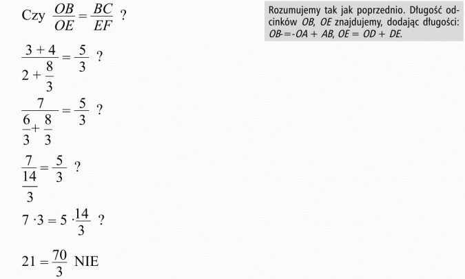 Twierdzenie Talesa. Rozumujemy tak jak poprzednio. Długość odcinków znajdujemy, dodając długości...