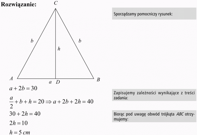 Zadania różne dotyczące trójkątów. Sporządzamy pomocniczy rysunek... Zapisujemy zależności wynikające z treści zadania... Biorąc pod uwagę obwód trójkąta ABC otrzymujemy...