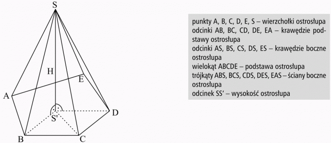 Ostrosłupy. Punkty... - wierzchołki ostrosłupa. Odcinki... - krawędzie podstawy ostrosłupa. Odcinki... - krawędzie boczne ostrosłupa. Wielokąt... - podstawa ostrosłupa. Trójkąty... - ściany boczne ostrosłupa. Odcinek... - wysokość ostrosłupa.