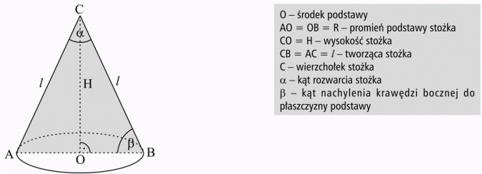 Stożek obrotowy. Środek podstawy. Promień podstawy stożka. Wysokość stożka. Tworząca stożka. Wierzchołek stożka. Kąt rozwarcia stożka. Kąt nachylenia krawędzi bocznej do płaszczyzny podstawy.