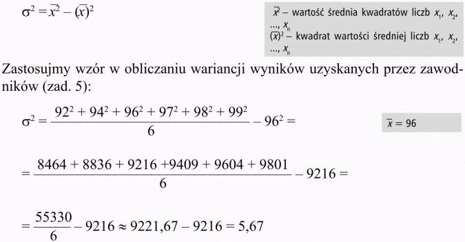 Elementy statystyki. Wartość średnia kwadratów liczb... Kwadrat wartości średniej liczb... Zastosujmy wzór w obliczaniu wariancji wyników uzyskanych przez zawodników.