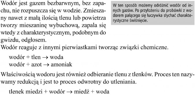 Właściwości wodoru. Wodór jest gazem bezbarwnym, bez zapachu, nie rozpuszcza się w wodzie. Zmieszany nawet z małą ilością tlenu lub powietrza tworzy mieszaninę wybuchową, zapala się wtedy z charakterystycznym, podobnym do gwizdu, odgłosem. W ten sposób możemy odróżnić wodór od innych gazów. Po przyłożeniu do probówki z wodorem palącego się łuczywka słychać charakterystyczne świśnięcie. Wodór reaguje z innymi pierwiastkami tworząc związki chemiczne. Wodór + tlen = woda. Wodór + azot = amoniak. Właściwością wodoru jest również odbieranie tlenu z tlenków. Proces ten nazywamy redukcją i jest to proces odwrotny do utleniania. Tlenek miedzi + wodór = miedź + woda.