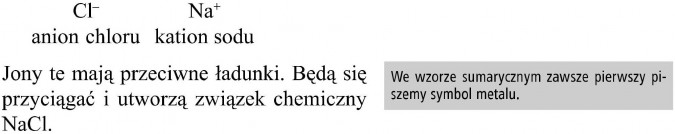Anion chloru, kation sodu. Jony te mają przeciwne ładunki. Będą się przyciągać i utworzą związek chemiczny NaCl. We wzorze sumarycznym zawsze pierwszy piszemy symbol metalu.