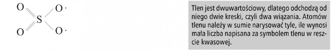 Tlen jest dwuwartościowy, dlatego odchodzą od niego dwie kreski, czyli dwa wiązania. Atomów tlenu należy w sumie narysować tyle, ile wynosi mała liczba napisana za symbolem tlenu w reszcie kwasowej.