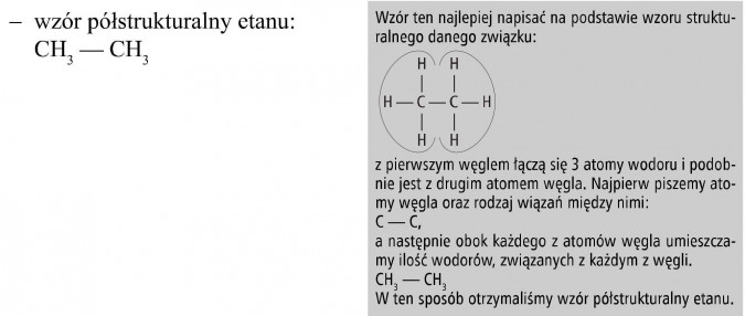 Wzór półstrukturalny etanu. Wzór ten najlepiej napisać na podstawie wzoru strukturalnego danego związku... Z pierwszym węglem łączą się 3 atomy wodoru i podobnie jest z drugim atomem węgla. Najpierw piszemy atomy węgla oraz rodzaj wiązań między nimi... a następnie obok każdego z atomów węgla umieszczamy ilość wodorów, związanych z każdym z węgli. W ten sposób otrzymaliśmy wzór półstrukturalny etanu.