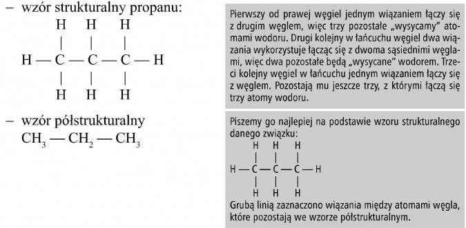 Wzór strukturalny propanu, wzór półstrukturalny. Pierwszy od prawej węgiel jednym wiązaniem łączy się z drugim węglem, więc trzy pozostałe „wysycamy” atomami wodoru. Drugi kolejny w łańcuchu węgiel dwa wiązania wykorzystuje łącząc się z dwoma sąsiednimi węglami, więc dwa pozostałe będą „wysycane” wodorem. Trzeci kolejny węgiel w łańcuchu jednym wiązaniem łączy się z węglem. Pozostają mu jeszcze trzy, z którymi łączą się trzy atomy wodoru. Piszemy go najlepiej na podstawie wzoru strukturalnego danego związku... Grubą linią zaznaczono wiązania między atomami węgla, które pozostają we wzorze półstrukturalnym.