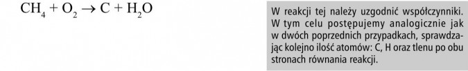 Reakcja spalania metanu. W reakcji tej należy uzgodnić współczynniki. W tym celu postępujemy analogicznie jak w dwóch poprzednich przypadkach, sprawdzając kolejno ilość atomów: C, H oraz tlenu po obu stronach równania reakcji.