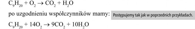 Przykłady reakcji spalania niektórych alkanów. Po uzgodnieniu współczynników mamy... Postępujemy tak jak w poprzednich przykładach...