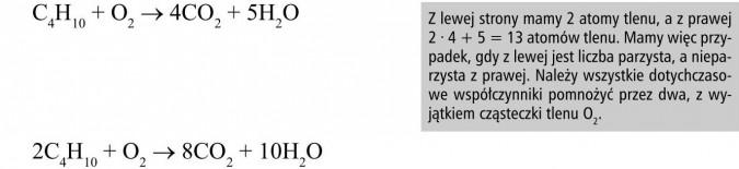 Przykłady reakcji spalania niektórych alkanów. Z lewej strony mamy 2 atomy tlenu, a z prawej 2 x 4 + 5 = 13 atomów tlenu. Mamy więc przypadek, gdy z lewej jest liczba parzysta, a nieparzysta z prawej. Należy wszystkie dotychczasowe współczynniki pomnożyć przez dwa, z wyjątkiem cząsteczki tlenu O2.