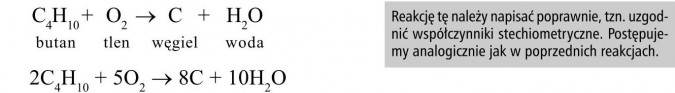 Przykłady reakcji spalania niektórych alkanów. Reakcję tę należy napisać poprawnie, tzn. uzgodnić współczynniki stechiometryczne. Postępujemy analogicznie jak w poprzednich reakcjach.