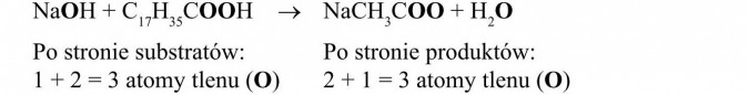 Własności chemiczne wyższych kwasów karboksylowych. Po stronie substratów: 1 + 2 = 3 atomy tlenu (O). Po stronie produktów: 2 + 1 = 3 atomy tlenu (O).