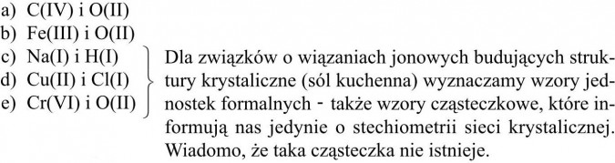 Dla związków o wiązaniach jonowych budujących struktury krystaliczne (sól kuchenna) wyznaczamy wzory jednostek formalnych - także wzory cząsteczkowe, które informują nas jedynie o stechiometrii sieci krystalicznej. Wiadomo, że taka cząsteczka nie istnieje.