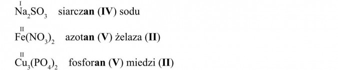 siarczan (IV) sodu, azotan (V) żelaza (II), fosforan (V) miedzi (II)