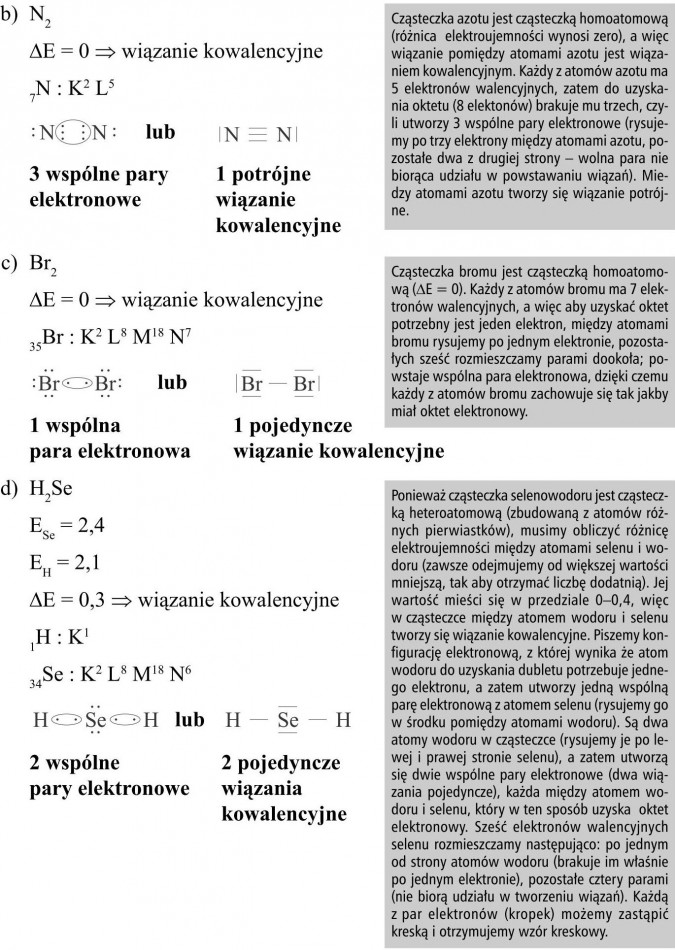 Wiązanie kowalencyjne, wspólne pary elektronowe, potrójne wiązanie kowalencyjne. Cząsteczka azotu jest cząsteczką homoatomową (różnica elektroujemności wynosi zero), a więc wiązanie pomiędzy atomami azotu jest wiązaniem kowalencyjnym. Każdy z atomów azotu ma 5 elektronów walencyjnych, zatem do uzyskania oktetu (8 elektonów) brakuje mu trzech, czyli utworzy 3 wspólne pary elektronowe (rysujemy po trzy elektrony między atomami azotu, pozostałe dwa z drugiej strony - wolna para nie biorąca udziału w powstawaniu wiązań). Miedzy atomami azotu tworzy się wiązanie potrójne. Cząsteczka bromu jest cząsteczką homoatomową (ΔE = 0). Każdy z atomów bromu ma 7 elektronów walencyjnych, a więc aby uzyskać oktet potrzebny jest jeden elektron, między atomami bromu rysujemy po jednym elektronie, pozostałych sześć rozmieszczamy parami dookoła; powstaje wspólna para elektronowa, dzięki czemu każdy z atomów bromu zachowuje się tak jakby miał oktet elektronowy. Ponieważ cząsteczka selenowodoru jest cząsteczką heteroatomową (zbudowaną z atomów różnych pierwiastków), musimy obliczyć różnicę elektroujemności między atomami selenu i wodoru (zawsze odejmujemy od większej wartości mniejszą, tak aby otrzymać liczbę dodatnią). Jej wartość mieści się w przedziale 0-0,4, więc w cząsteczce między atomem wodoru i selenu tworzy się wiązanie kowalencyjne. Piszemy konfigurację elektronową, z której wynika że atom wodoru do uzyskania dubletu potrzebuje jednego elektronu, a zatem utworzy jedną wspólną parę elektronową z atomem selenu (rysujemy go w środku pomiędzy atomami wodoru). Są dwa atomy wodoru w cząsteczce (rysujemy je po lewej i prawej stronie selenu), a zatem utworzą się dwie wspólne pary elektronowe (dwa wiązania pojedyncze), każda między atomem wodoru i selenu, który w ten sposób uzyska oktet elektronowy. Sześć elektronów walencyjnych selenu rozmieszczamy następująco: po jednym od strony atomów wodoru (brakuje im właśnie po jednym elektronie), pozostałe cztery parami (nie biorą udziału w tworzeniu wiązań). Każdą z par elektronów (kropek) możemy zastąpić kreską i otrzymujemy wzór kreskowy.