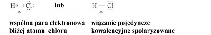 Wspólna para elektronowa bliżej atomu chloru. Wiązanie pojedyncze kowalencyjne spolaryzowane.