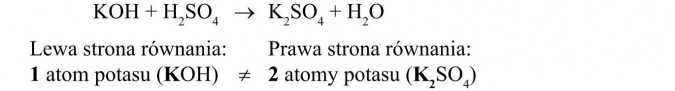 Lewa strona równania, prawa strona równania. 1 atom potasu, 2 atomy potasu.