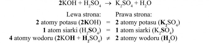 Lewa strona, prawa strona. 2 atomy potasu, 1 atom siarki, 4 atomy wodoru.