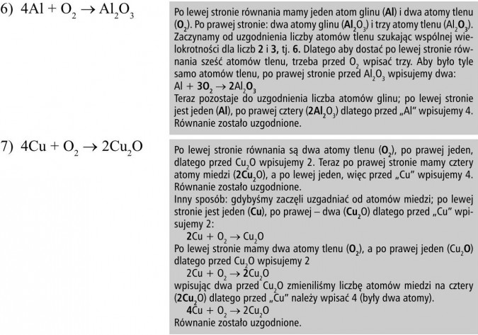Po lewej stronie równania mamy jeden atom glinu (Al) i dwa atomy tlenu (O2). Po prawej stronie: dwa atomy glinu (Al2O3) i trzy atomy tlenu (Al2O3). Zaczynamy od uzgodnienia liczby atomów tlenu szukając wspólnej wielokrotności dla liczb 2 i 3, tj. 6. Dlatego aby dostać po lewej stronie równania sześć atomów tlenu, trzeba przed O2 wpisać trzy. Aby było tyle samo atomów tlenu, po prawej stronie przed Al2O3 wpisujemy dwa: Al + 3O2 → 2Al2O3. Teraz pozostaje do uzgodnienia liczba atomów glinu; po lewej stronie jest jeden (Al), po prawej cztery (2Al2O3) dlatego przed „Al” wpisujemy 4. Równanie zostało uzgodnione. Po lewej stronie równania są dwa atomy tlenu (O2), po prawej jeden, dlatego przed Cu2O wpisujemy 2. Teraz po prawej stronie mamy cztery atomy miedzi (2Cu2O), a po lewej jeden, więc przed „Cu” wpisujemy 4. Równanie zostało uzgodnione. Inny sposób: gdybyśmy zaczęli uzgadniać od atomów miedzi; po lewej stronie jest jeden (Cu), po prawej - dwa (Cu2O) dlatego przed „Cu” wpisujemy 2: 2Cu + O2 → Cu2O. Po lewej stronie mamy dwa atomy tlenu (O2), a po prawej jeden (Cu2O) dlatego przed Cu2O wpisujemy 2: 2Cu + O2 → 2Cu2O, wpisując dwa przed Cu2O zmieniliśmy liczbę atomów miedzi na cztery (2Cu2O) dlatego przed „Cu” należy wpisać 4 (były dwa atomy). 4Cu + O2 → 2Cu2O. Równanie zostało uzgodnione.
