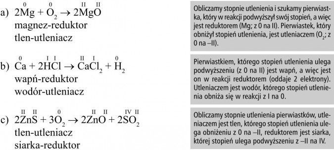 Obliczamy stopnie utlenienia i szukamy pierwiastka, który w reakcji podwyższył swój stopień, a więc jest reduktorem (Mg; z 0 na II). Pierwiastek, który obniżył stopień utlenienia, jest utleniaczem (O2; z 0 na -II). Pierwiastkiem, którego stopień utlenienia ulega podwyższeniu (z 0 na II) jest wapń, a więc jest on w reakcji reduktorem (oddaje 2 elektrony). Utleniaczem jest wodór, którego stopień utlenienia obniża się w reakcji z I na 0. Obliczamy stopnie utlenienia pierwiastków, utleniaczem jest tlen, którego stopień utlenienia ulega obniżeniu z 0 na -II, reduktorem jest siarka, której stopień ulega podwyższeniu z -II na IV.