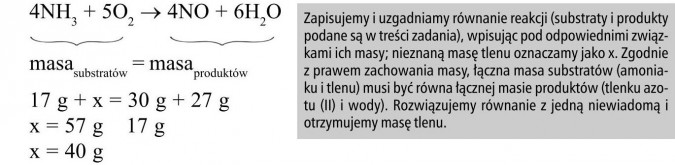 Zapisujemy i uzgadniamy równanie reakcji (substraty i produkty podane są w treści zadania), wpisując pod odpowiednimi związkami ich masy; nieznaną masę tlenu oznaczamy jako x. Zgodnie z prawem zachowania masy, łączna masa substratów (amoniaku i tlenu) musi być równa łącznej masie produktów (tlenku azotu (II) i wody). Rozwiązujemy równanie z jedną niewiadomą i otrzymujemy masę tlenu.