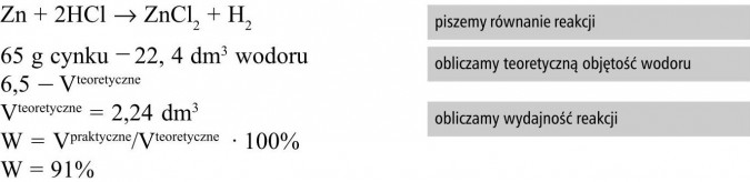 Piszemy równanie reakcji, obliczamy teoretyczną objętość wodoru, obliczamy wydajność reakcji.