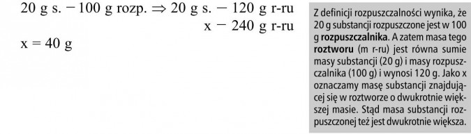 Z definicji rozpuszczalności wynika, że 20 g substancji rozpuszczone jest w 100 g rozpuszczalnika. A zatem masa tego roztworu (m r-ru) jest równa sumie masy substancji (20 g) i masy rozpuszczalnika (100 g) i wynosi 120 g. Jako x oznaczamy masę substancji znajdującej się w roztworze o dwukrotnie większej masie. Stąd masa substancji rozpuszczonej też jest dwukrotnie większa.