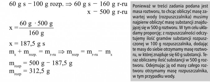 Ponieważ w treści zadania podana jest masa roztworu, to chcąc obliczyć masę zawartej wody (rozpuszczalnika) musimy najpierw obliczyć masę substancji znajdującej się w 500 g roztworu. W tym celu układamy proporcję; z rozpuszczalności odczytujemy ilość gramów substancji rozpuszczonej w 100 g rozpuszczalnika, dodając te masy do siebie otrzymamy masę roztworu, w której znajduje się 60 g substancji. Teraz obliczamy ilość substancji w 500 g roztworu. Odejmując ją od masy całego roztworu otrzymamy masę rozpuszczalnika, w tym przypadku wody.